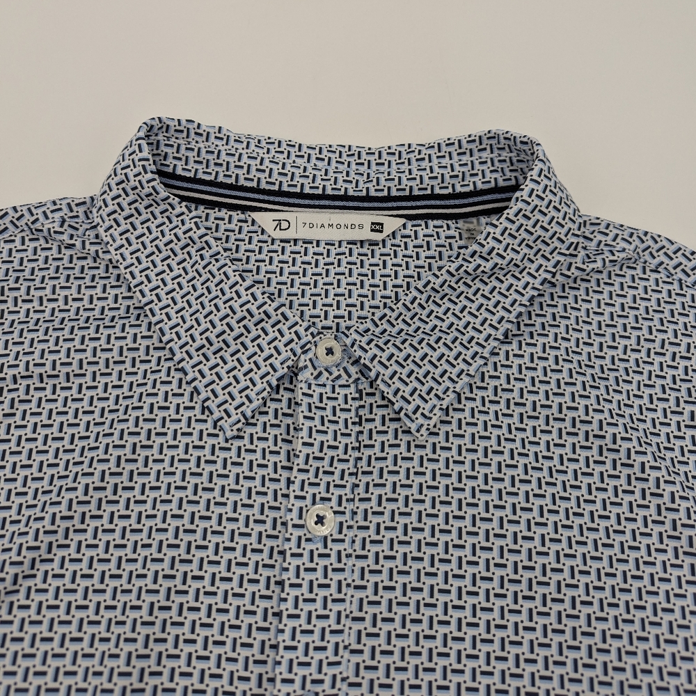 7 Diamonds Blue Geometric Print Performance Polo Shirt Short Sleeve Stretch XXL